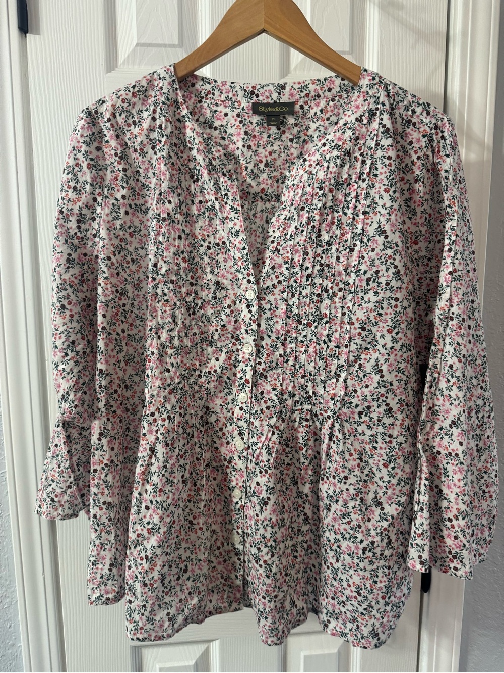 Style & Co. White Blouse with Pink and Green Floral Print